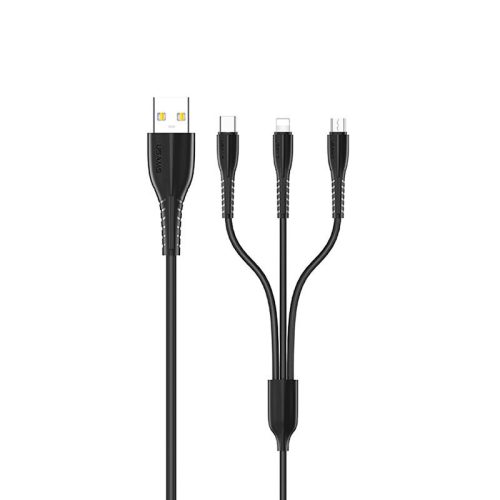 USAMS SJ367 U35 3in1 kábel, USB-C(Type-C) - Lightning,  microUSB, szürke, 2.0A, 1 méteres, fekete