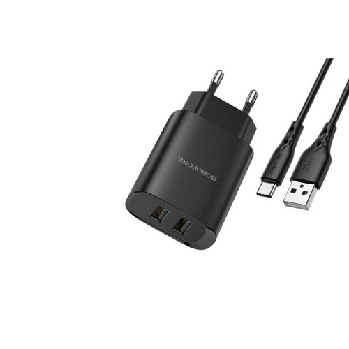 Borofone BN2 Hálózati Töltő 2.1A + USB Type-C Kábel Fekete